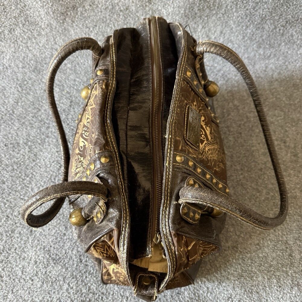 Y2k Ed Hardy 7820 Melrose Brown Studded Satchel Top Handle Bag Graphic Print - Picture 7 of 13